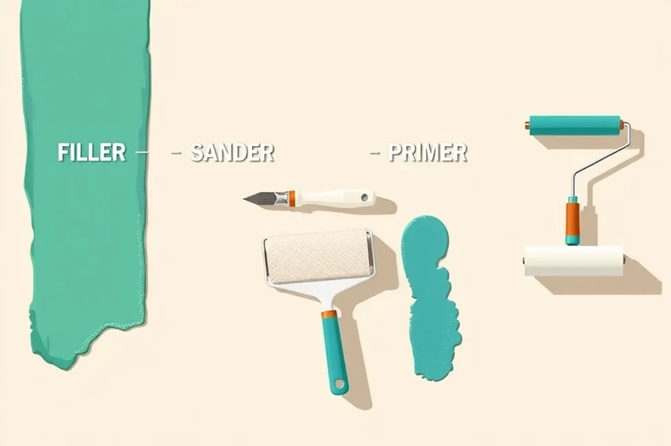 Outils de peinture disposés dans l'ordre des étapes du chantier