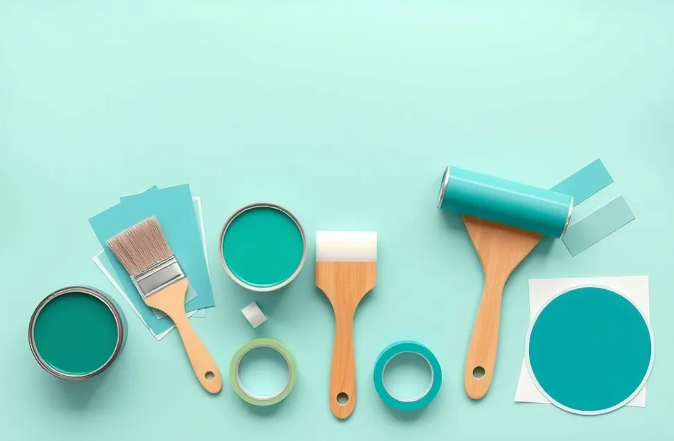 Pots de peinture, nuancier, brosses et rouleaux disposés à plat