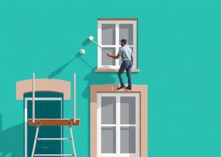 Peintre sur échafaudage traitant la façade d'une maison